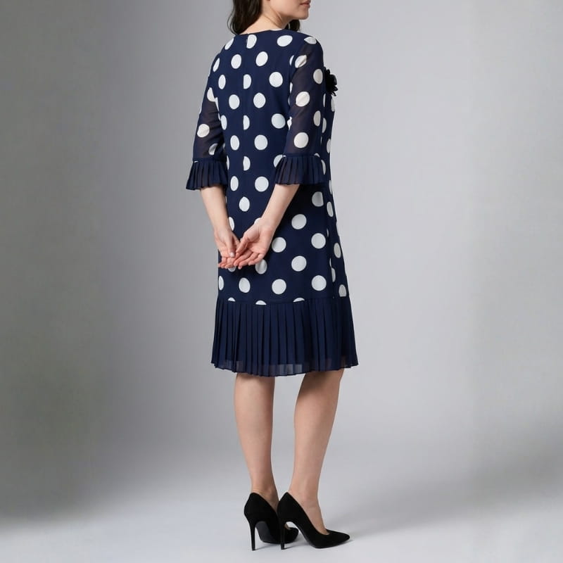 Penelope Pleated Polka Dot Midi Dress – Lightweight Chiffon Day Dress