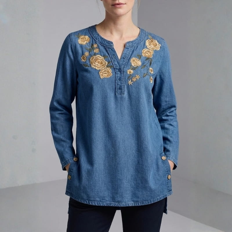Shila Women's Floral Denim Shirt – Soft Breathable Button Down Blouse