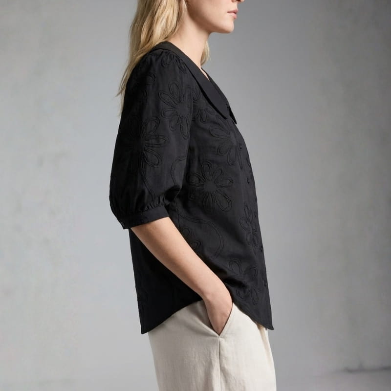 Viniela Women's Floral Textured Blouse – Cotton Button Down Round Collar Top