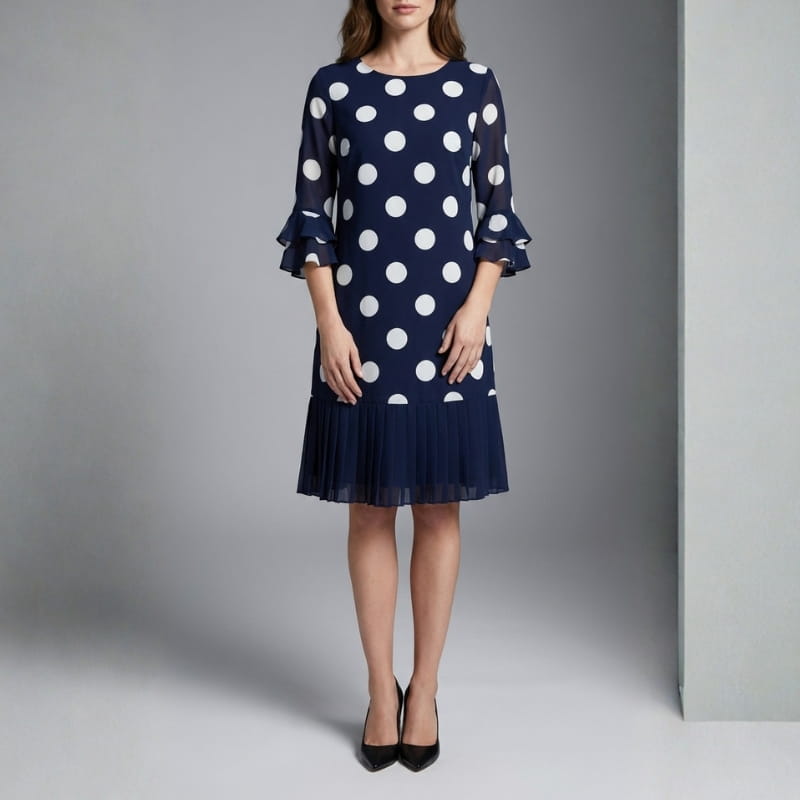 Penelope Pleated Polka Dot Midi Dress – Lightweight Chiffon Day Dress