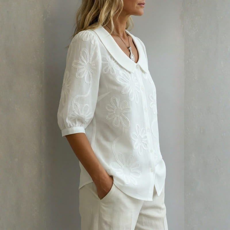 Viniela Women's Floral Textured Blouse – Cotton Button Down Round Collar Top