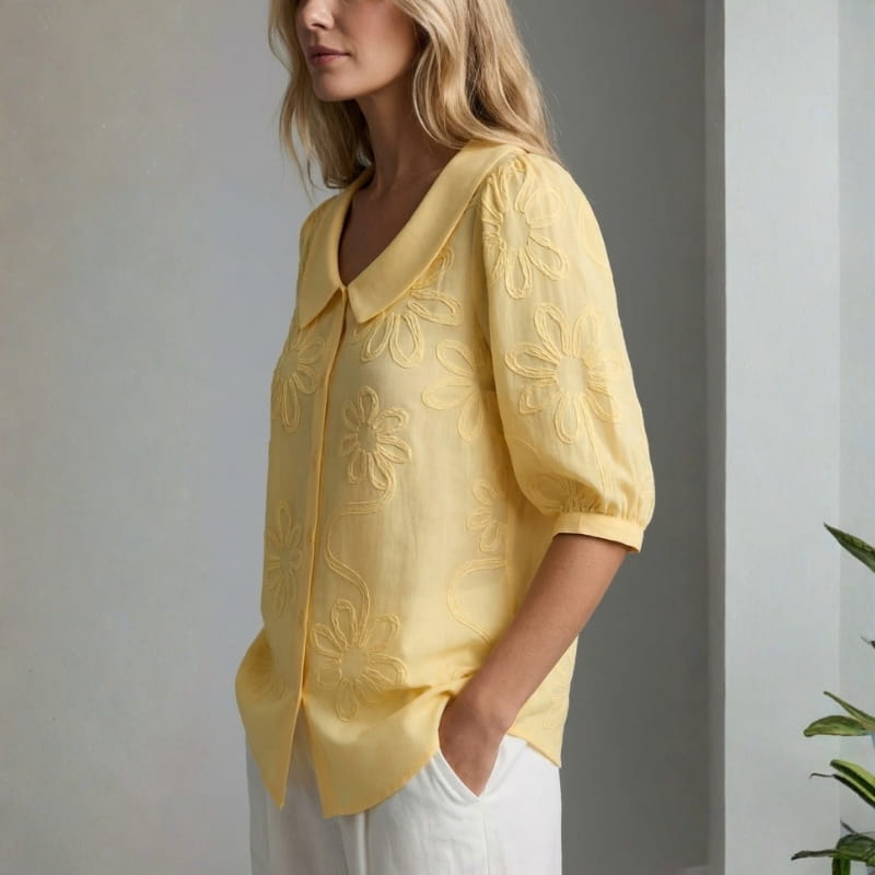 Viniela Women's Floral Textured Blouse – Cotton Button Down Round Collar Top
