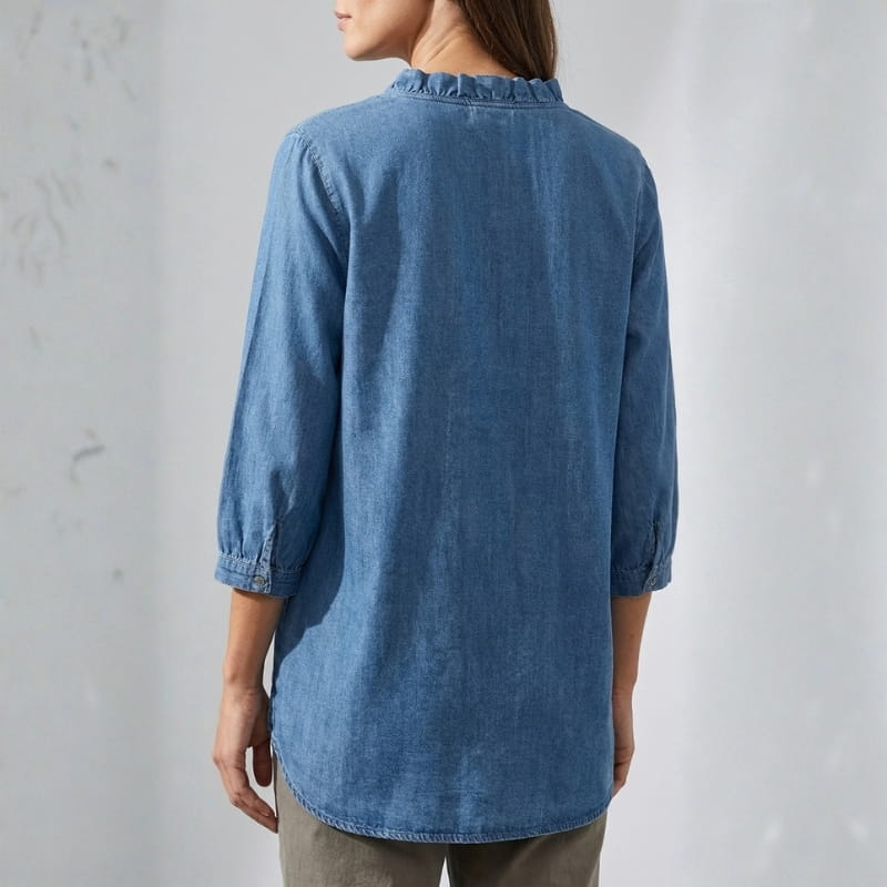 Floraine Women's Denim Ruffle Blouse – Soft V-Neck Top