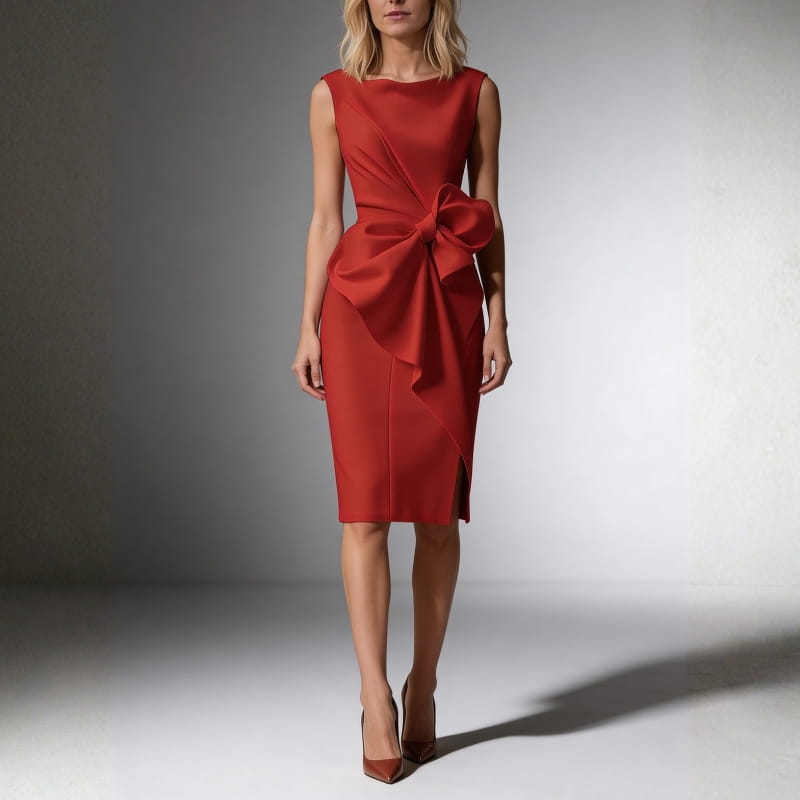 Anna Soft-Touch Sheath Midi Dress – Sculpted Bow Detail Silhouette