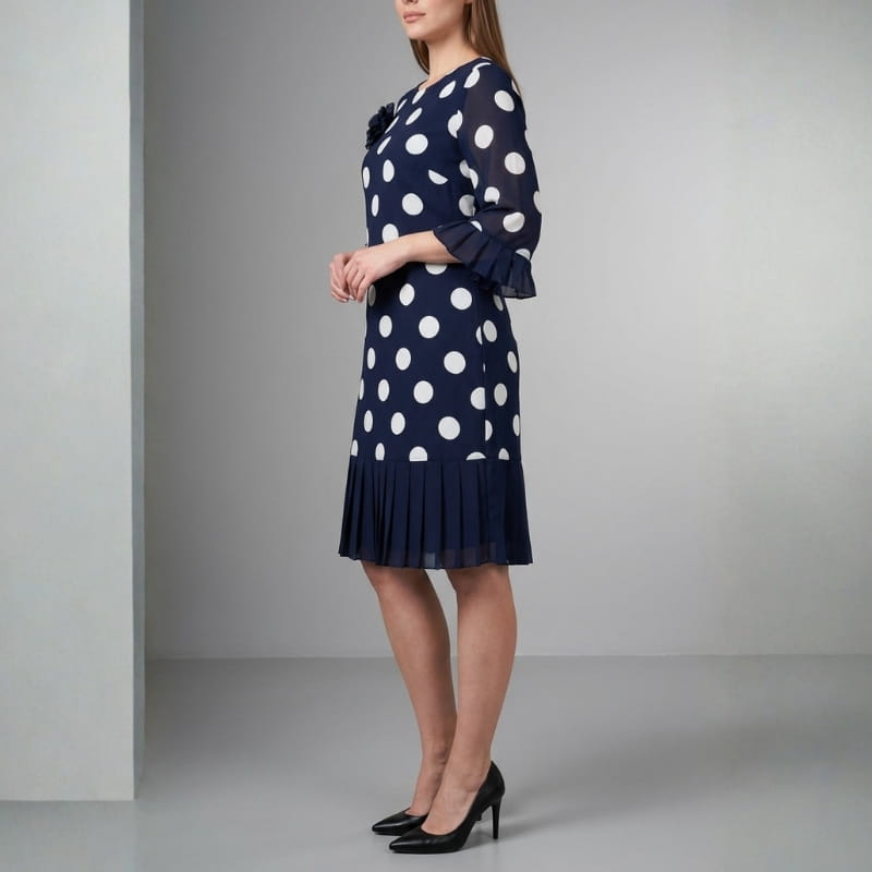 Penelope Pleated Polka Dot Midi Dress – Lightweight Chiffon Day Dress