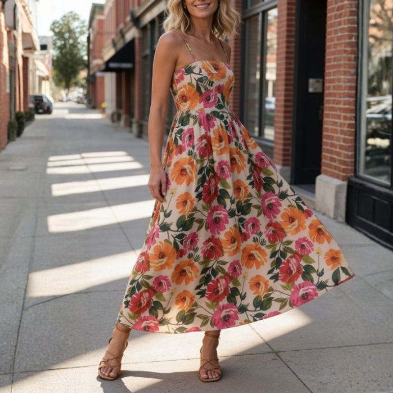 Vivienne Floral Print Maxi Dress – Gathered Waist Silhouette