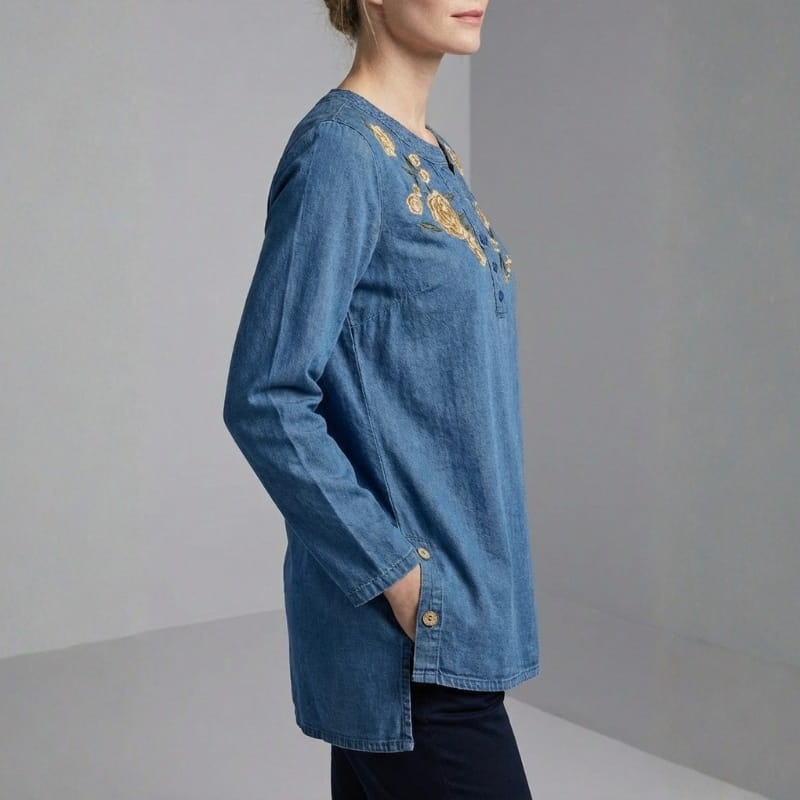 Shila Women's Floral Denim Shirt – Soft Breathable Button Down Blouse