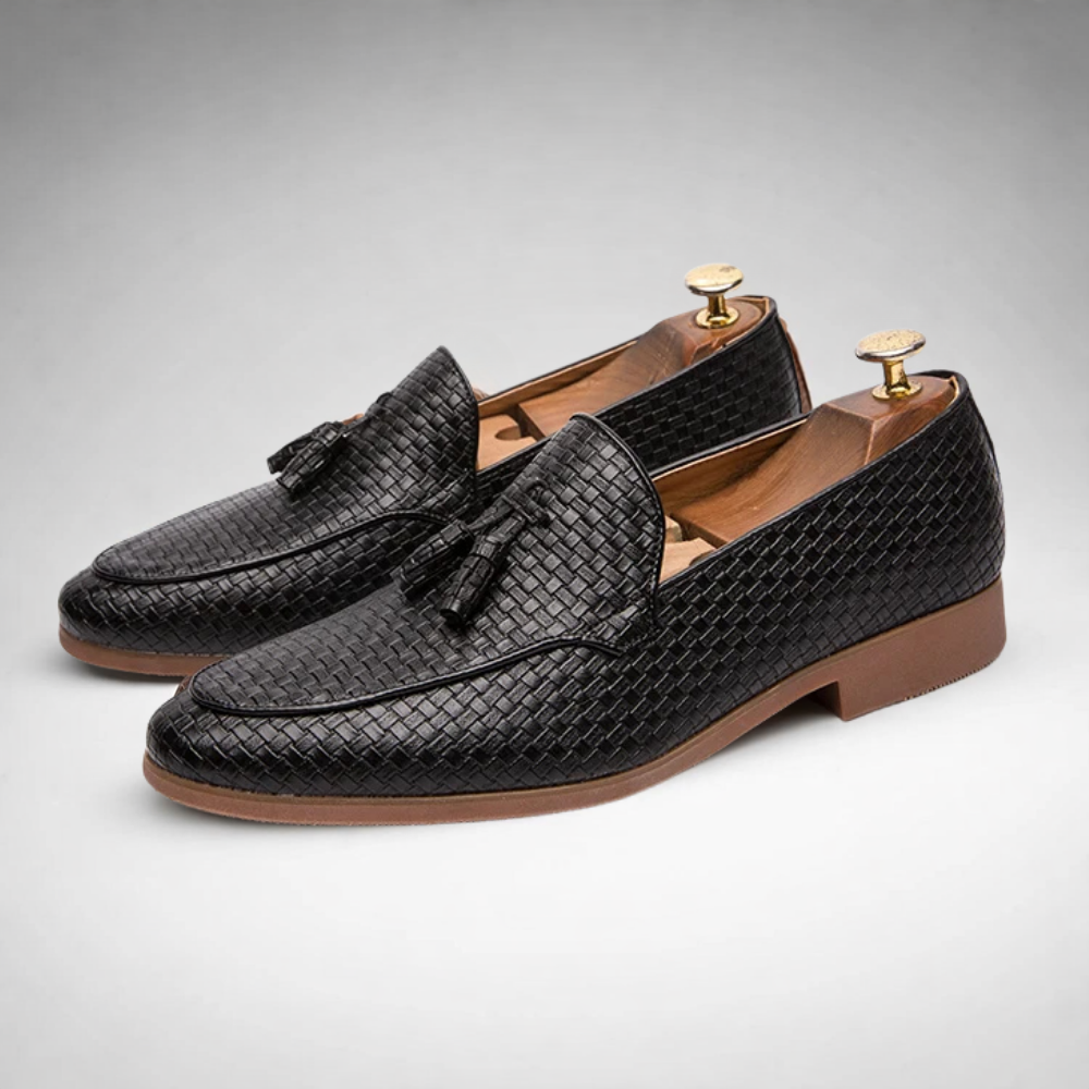 Alessio Men’s Leather Loafers – Woven Finish Slip-On with Tassel Dress Shoes