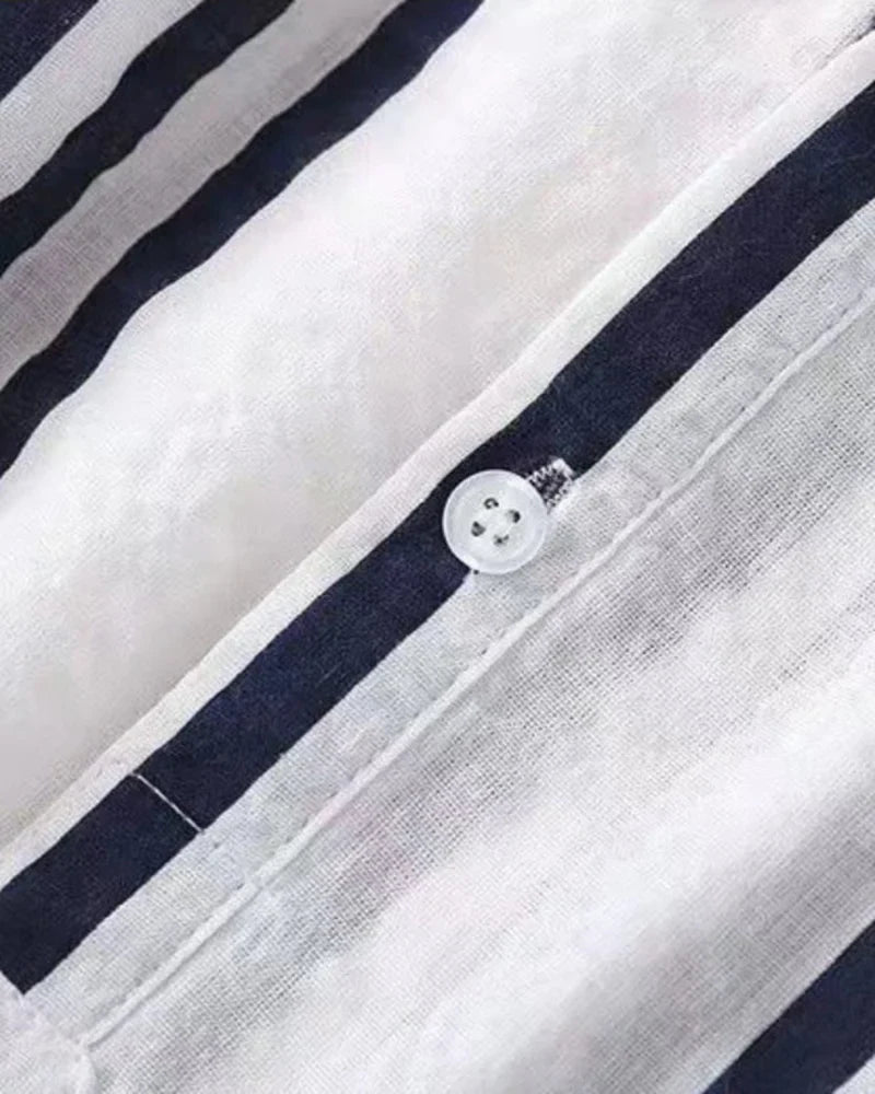 Marlene Striped Linen Shirts – Women’s V-Neck Top with Navy Vertical Stripes