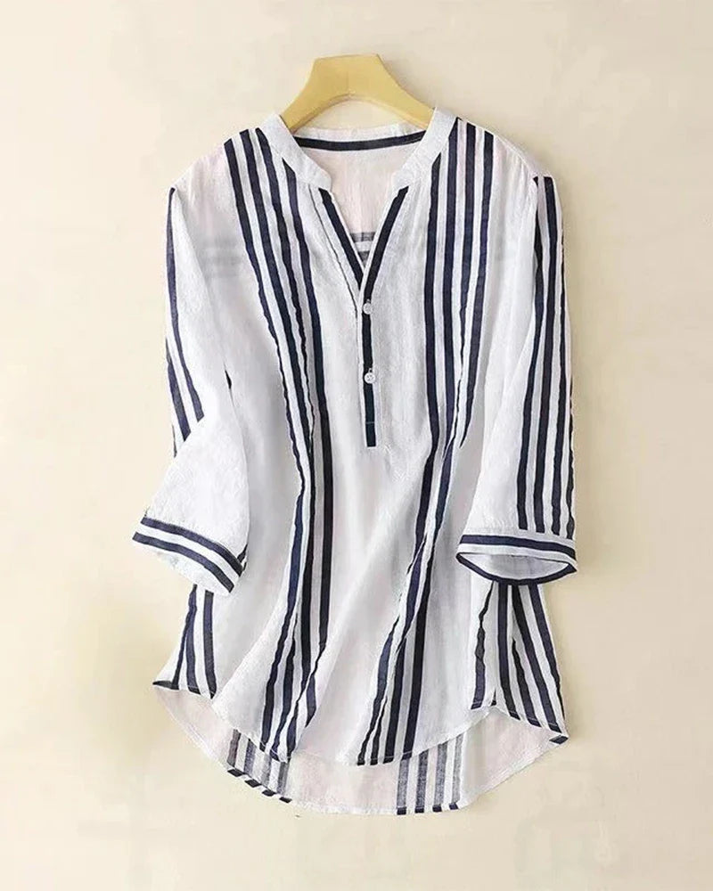 Marlene Striped Linen Shirts – Women’s V-Neck Top with Navy Vertical Stripes