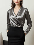 Knox Deep Grey Satin V-Neck Blouse