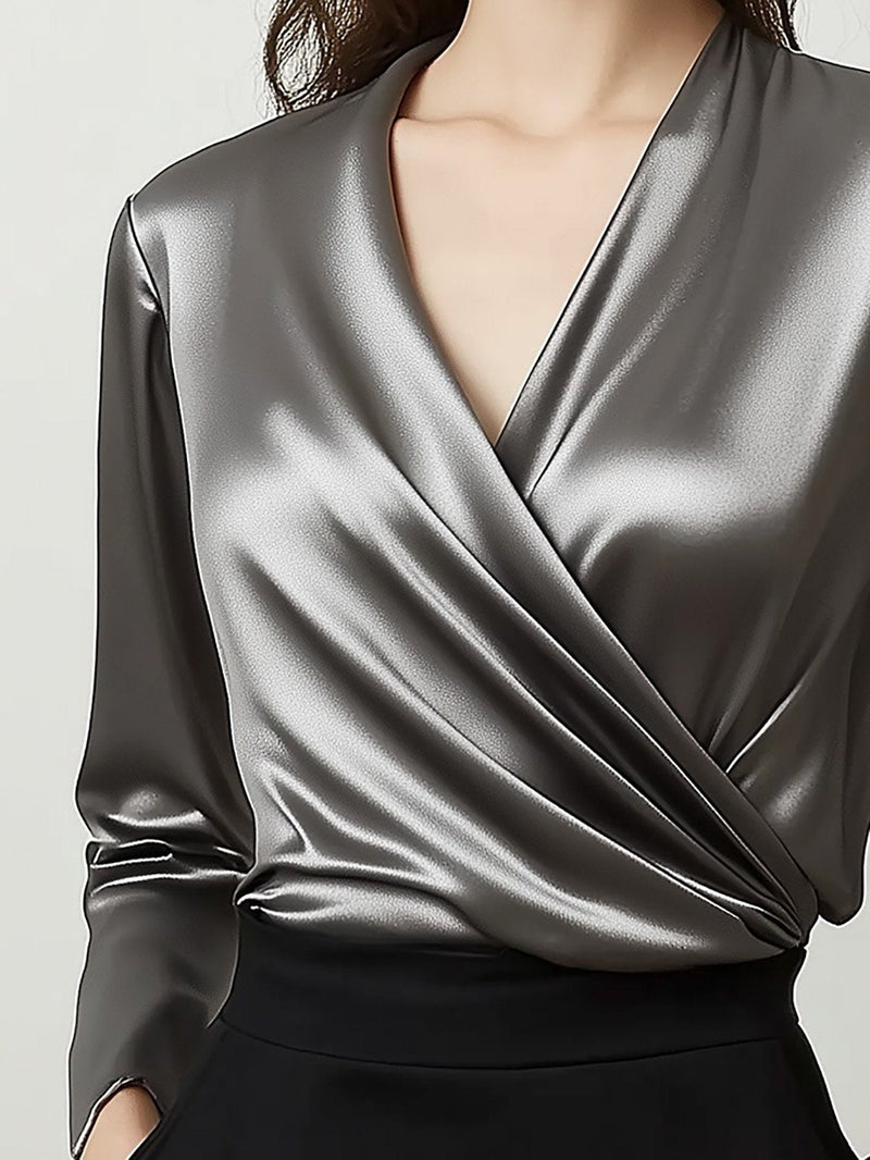 Knox Deep Grey Satin V-Neck Blouse