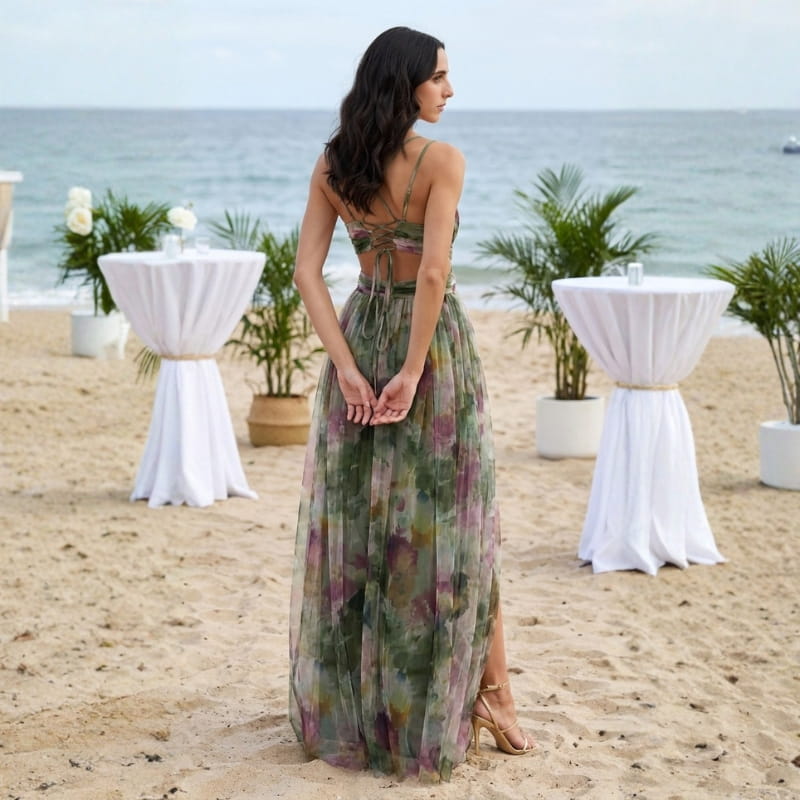 Elvira Floral Painting Chiffon Maxi Dress – Lightweight Elegant All Occasion Dress