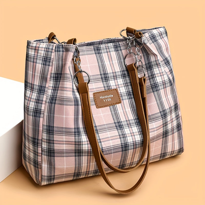 Eleanor Plaid Shoulder Tote Bag – Structured Canvas Carryall with Zip Closure