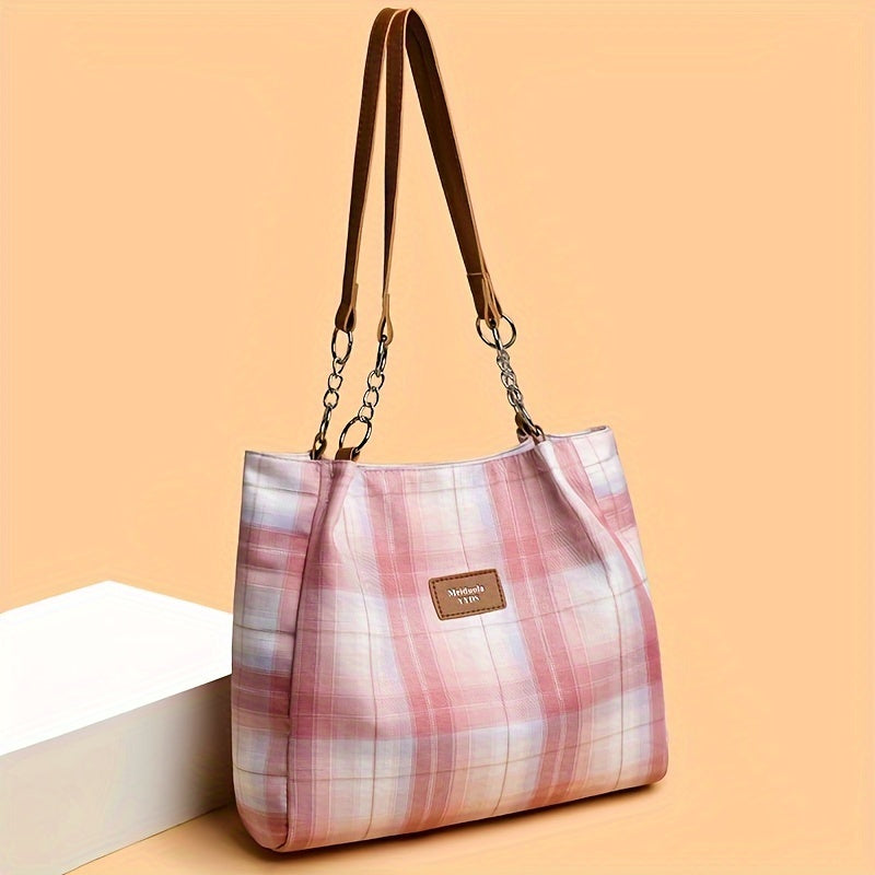 Eleanor Plaid Shoulder Tote Bag – Structured Canvas Carryall with Zip Closure