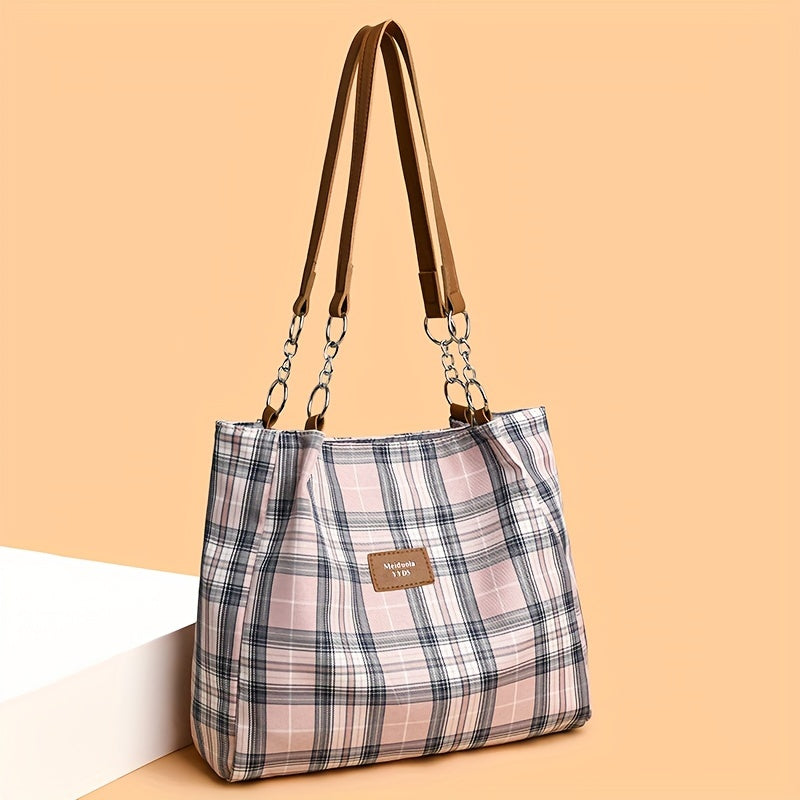 Eleanor Plaid Shoulder Tote Bag – Structured Canvas Carryall with Zip Closure