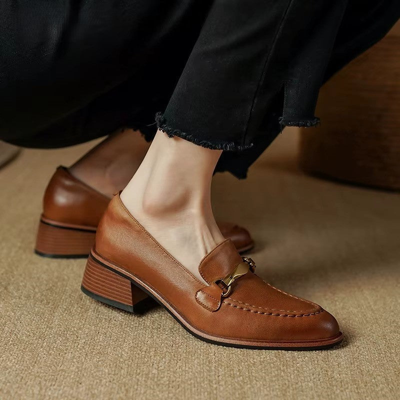 Cristy Women’s Leather Loafers – Heeled Slip-On Dress Shoes with Gold Horsebit Detail