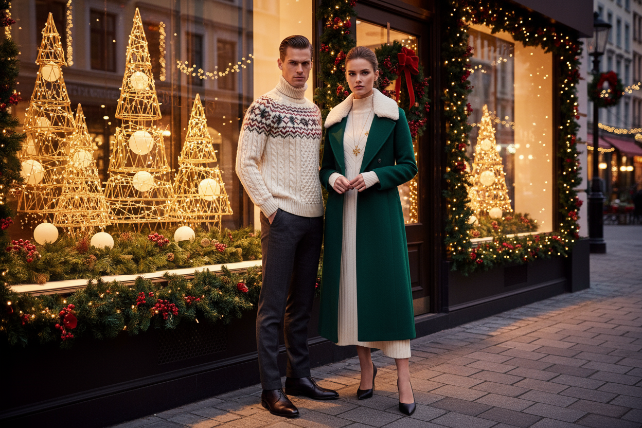 make it more christmas theme, dress the women up more change background - not smiling posing for photoshoot style