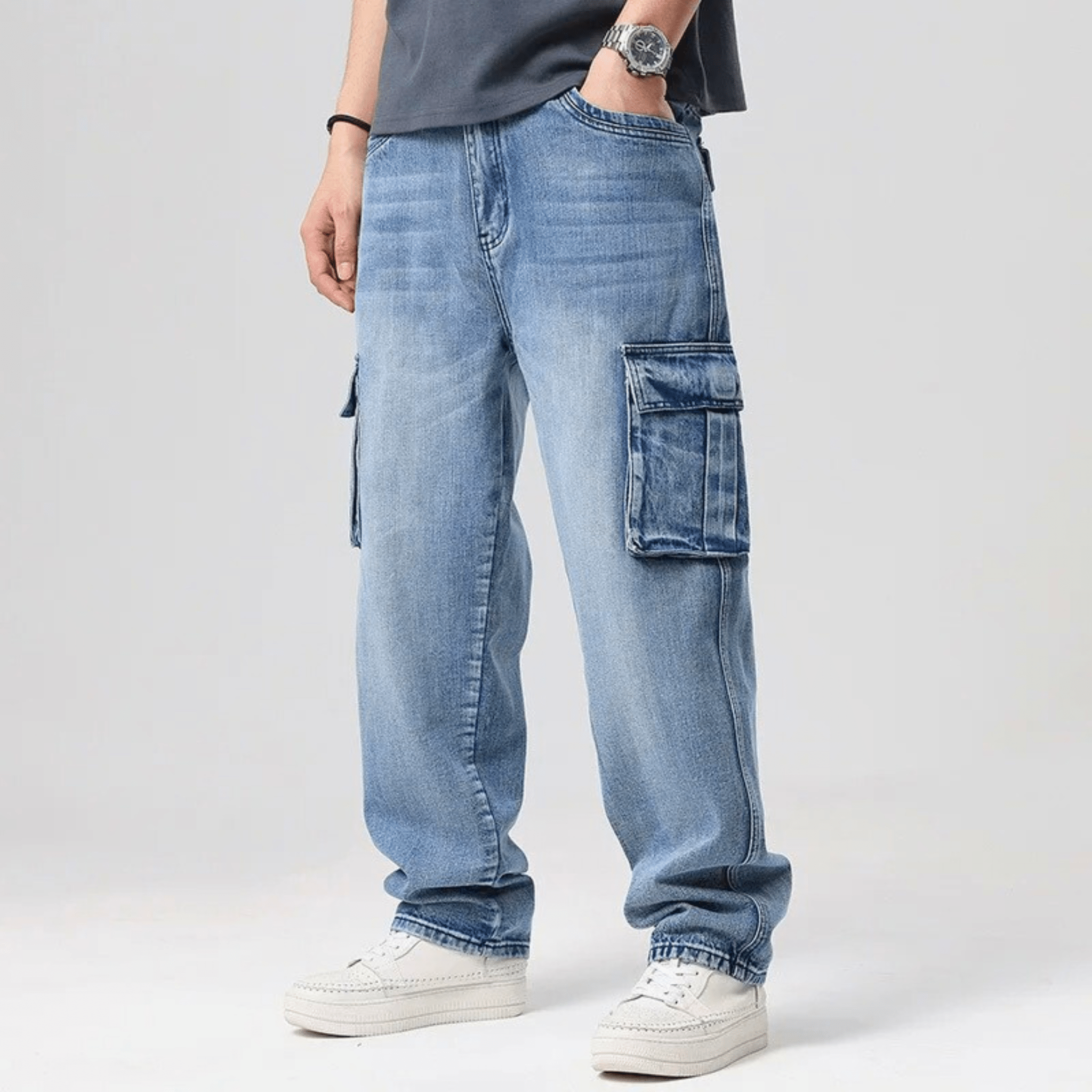 Vincent Denim Cargo Pants – Stretch Cotton Utility Jeans with Tapered Fit
