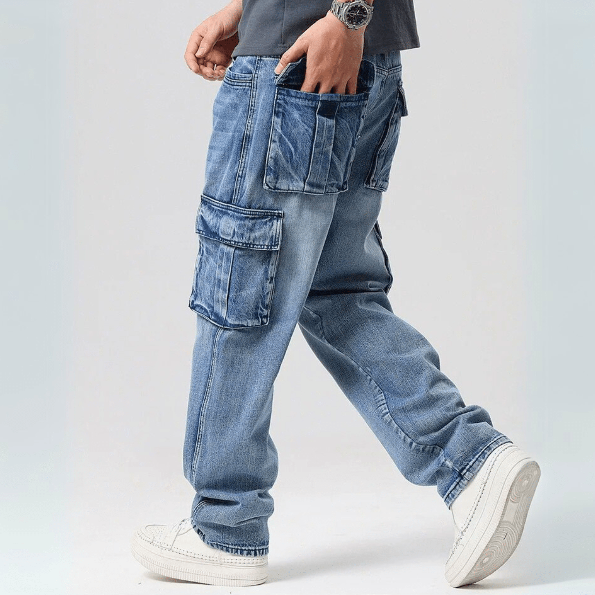 Vincent Denim Cargo Pants – Stretch Cotton Utility Jeans with Tapered Fit