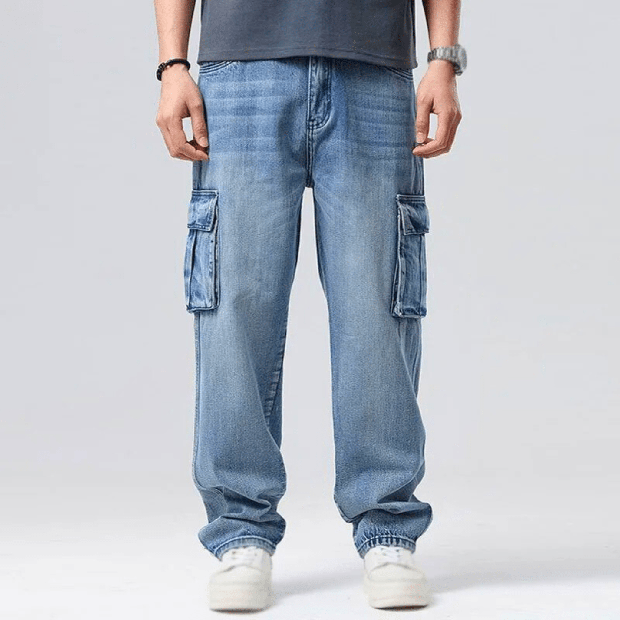 Vincent Denim Cargo Pants – Stretch Cotton Utility Jeans with Tapered Fit