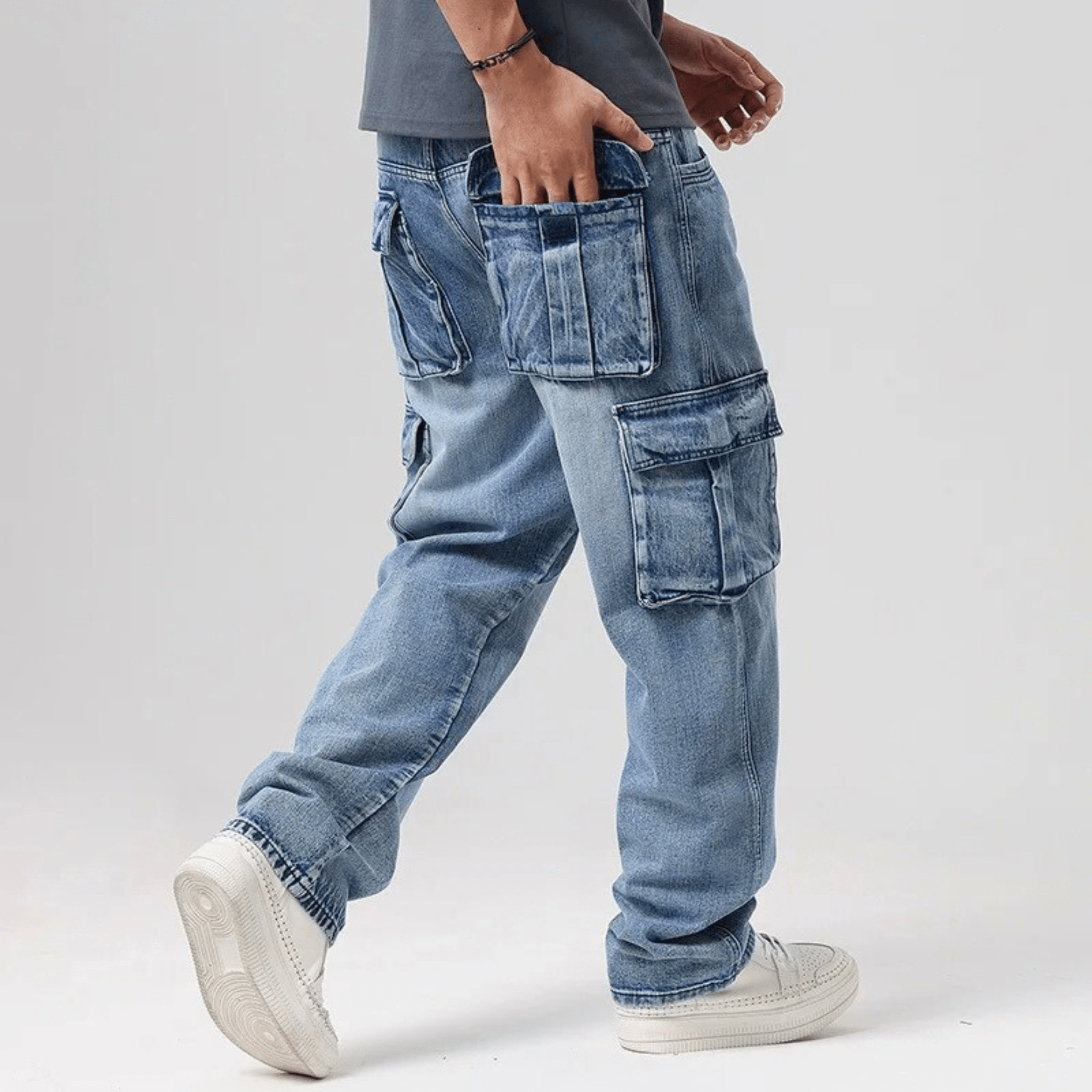 Vincent Denim Cargo Pants – Stretch Cotton Utility Jeans with Tapered Fit