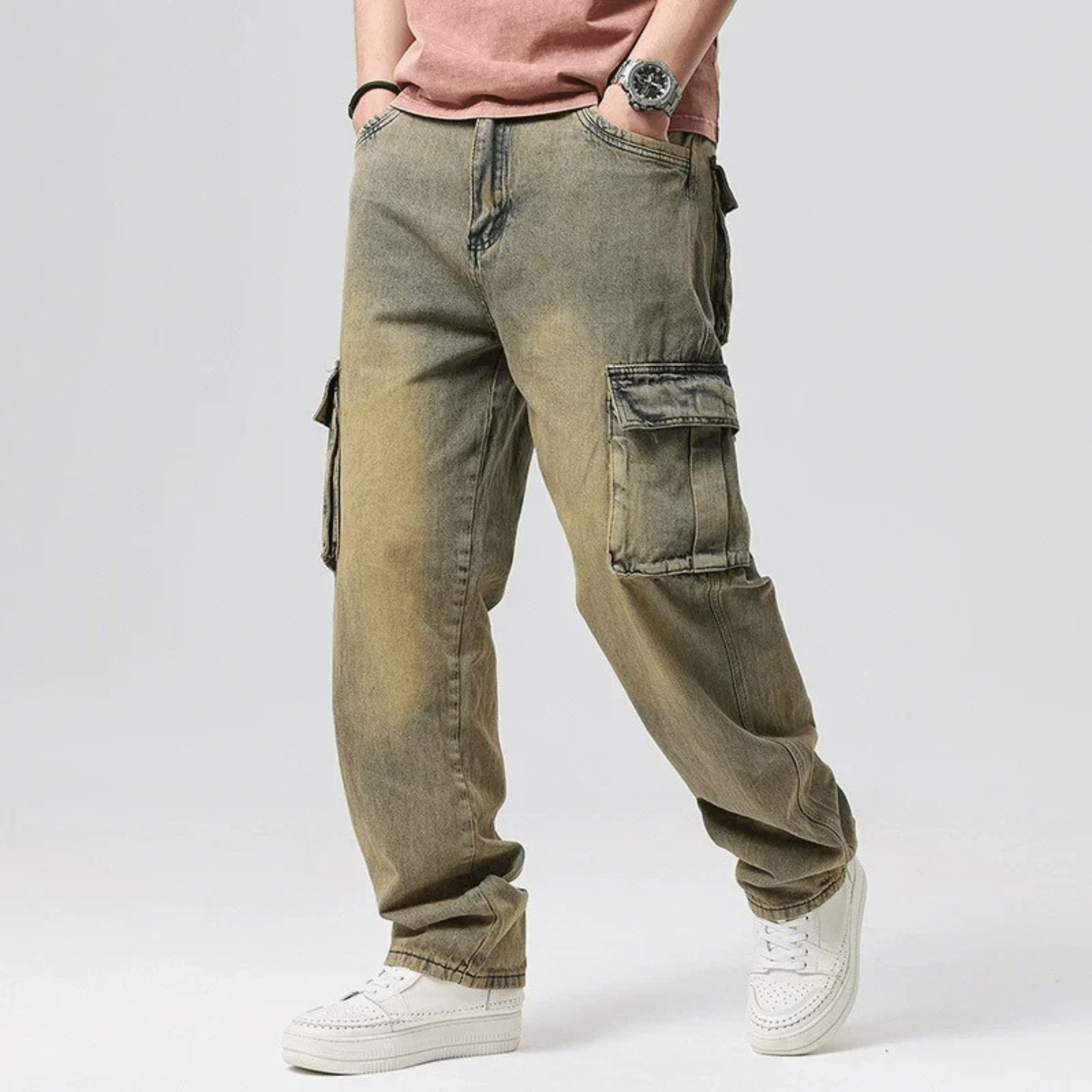 Vincent Denim Cargo Pants – Stretch Cotton Utility Jeans with Tapered Fit