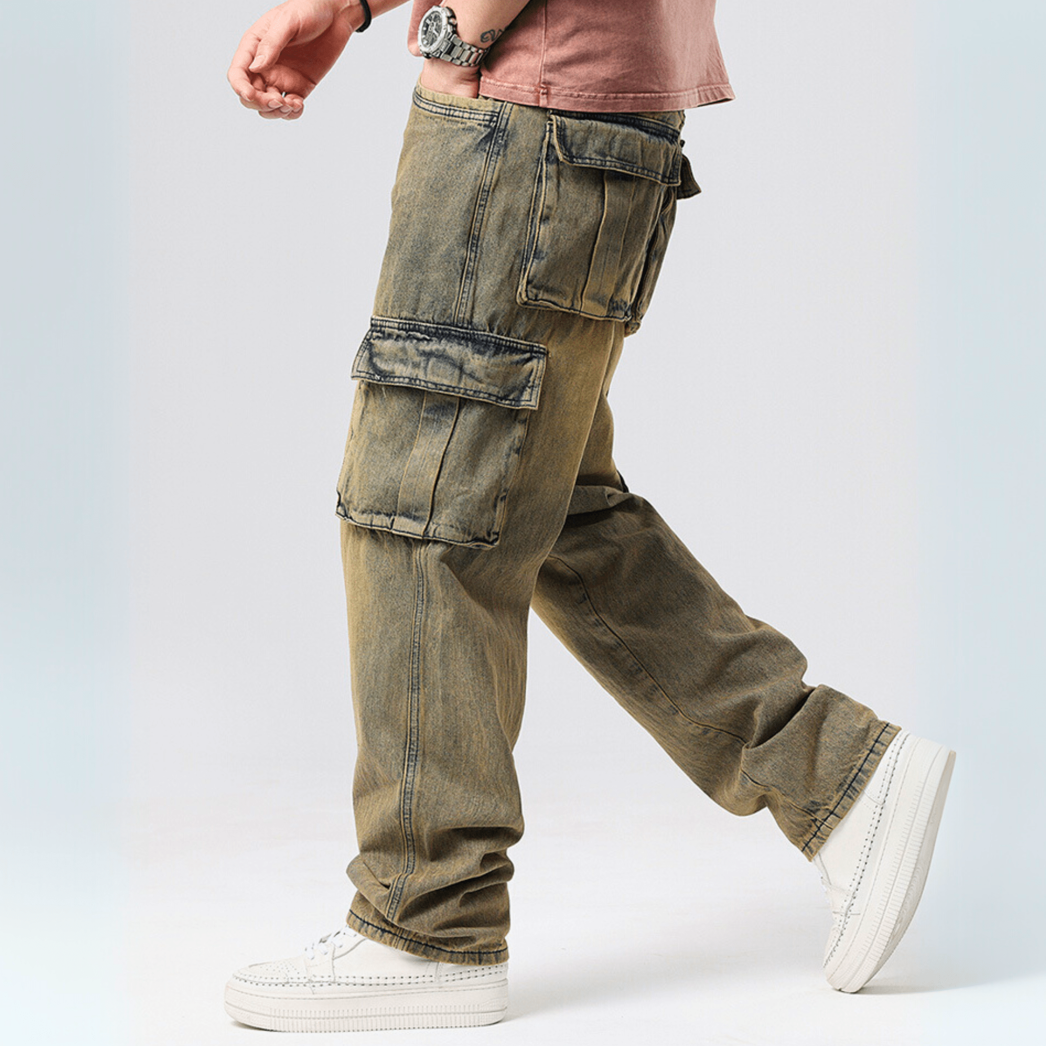 Vincent Denim Cargo Pants – Stretch Cotton Utility Jeans with Tapered Fit