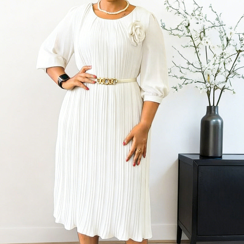 Asha Belted Pleated Midi Dress – Elegant Versatile Day-to-Night Dress