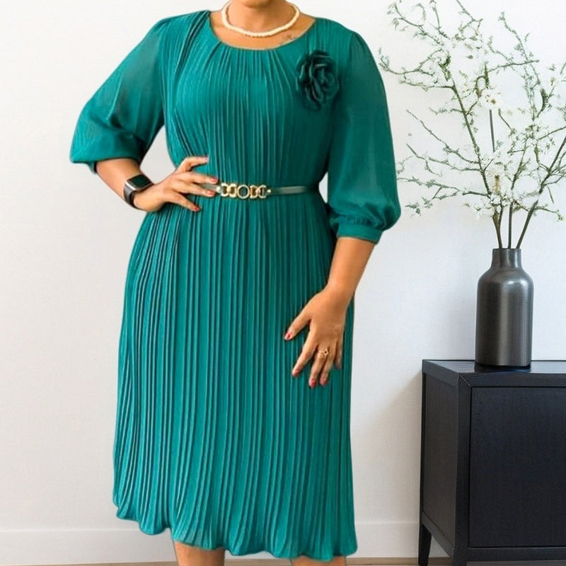 Asha Belted Pleated Midi Dress – Elegant Versatile Day-to-Night Dress