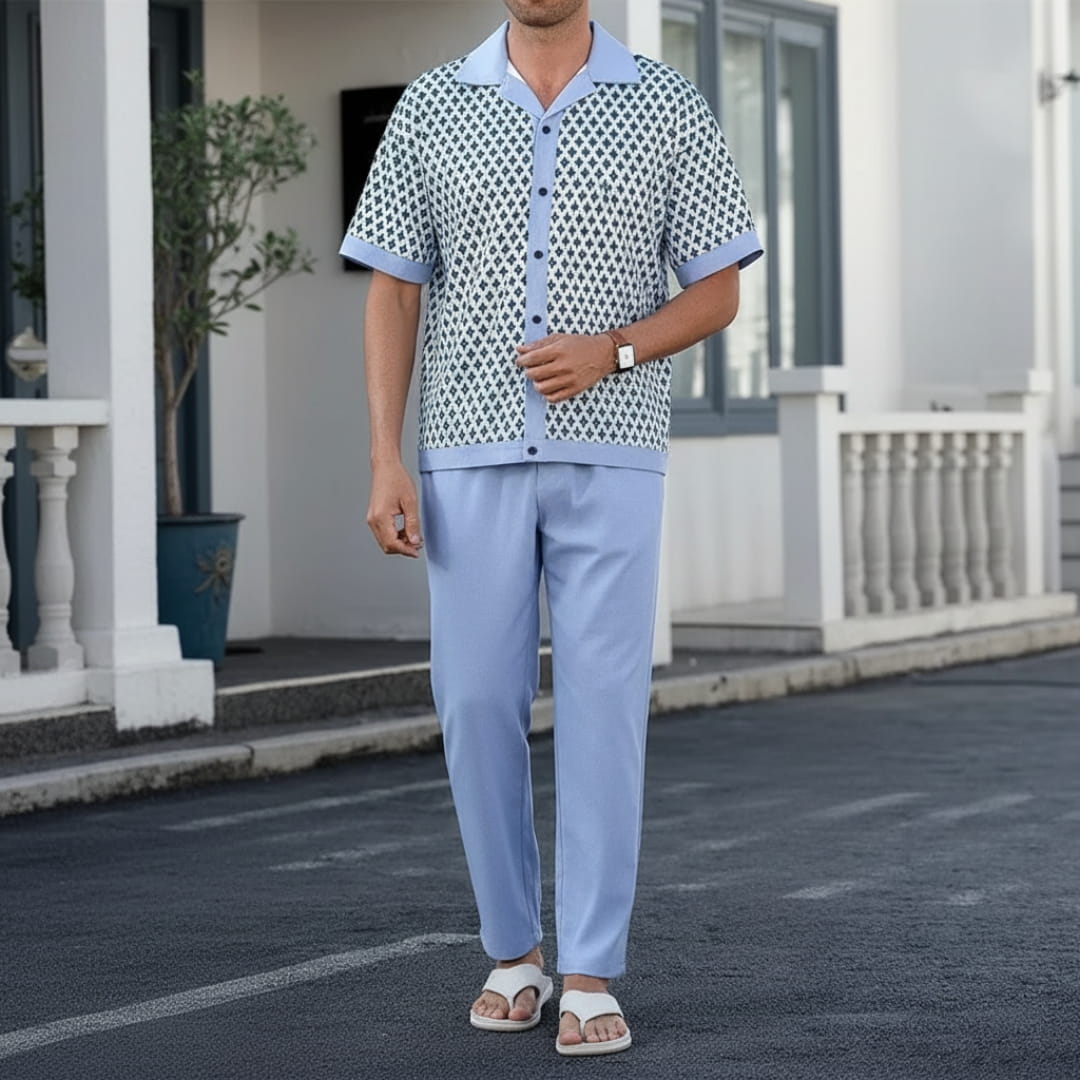 Vincenzo Geometric Pattern Co-Ord Set — Lightweight Casual Two-Piece Outfit