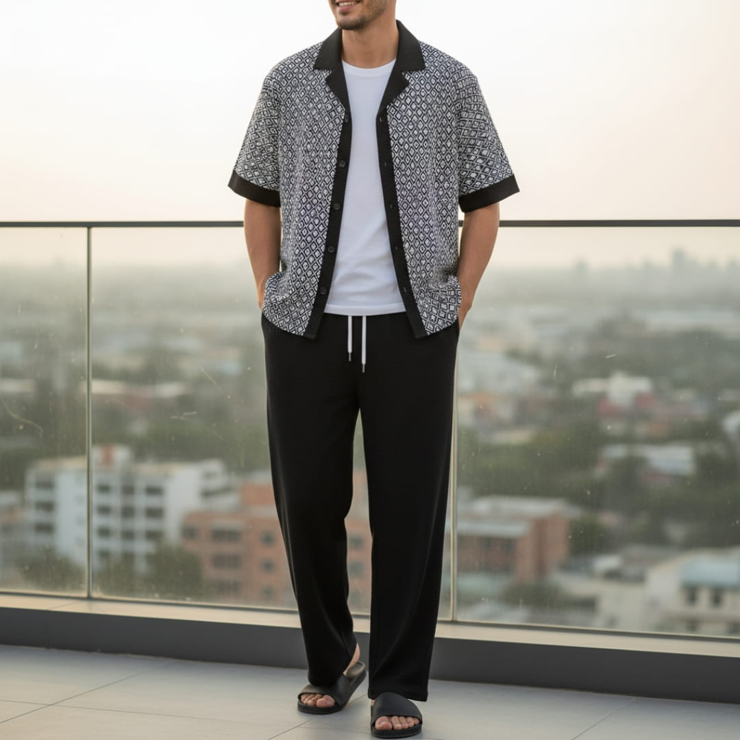 Vincenzo Geometric Pattern Co-Ord Set — Lightweight Casual Two-Piece Outfit