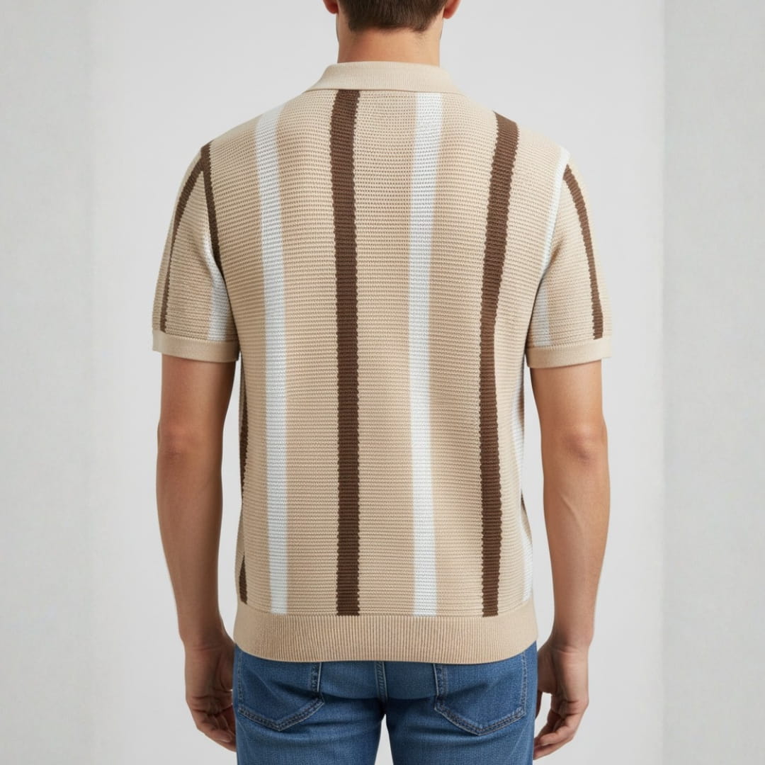Riccardo Cotton Knit Polo Shirt — Textured Stripe Tailored Casual Top
