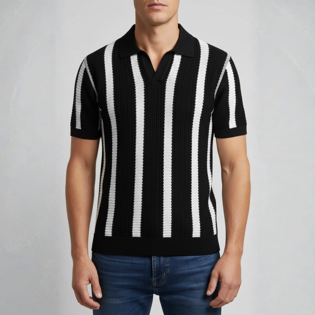 Riccardo Cotton Knit Polo Shirt — Textured Stripe Tailored Casual Top