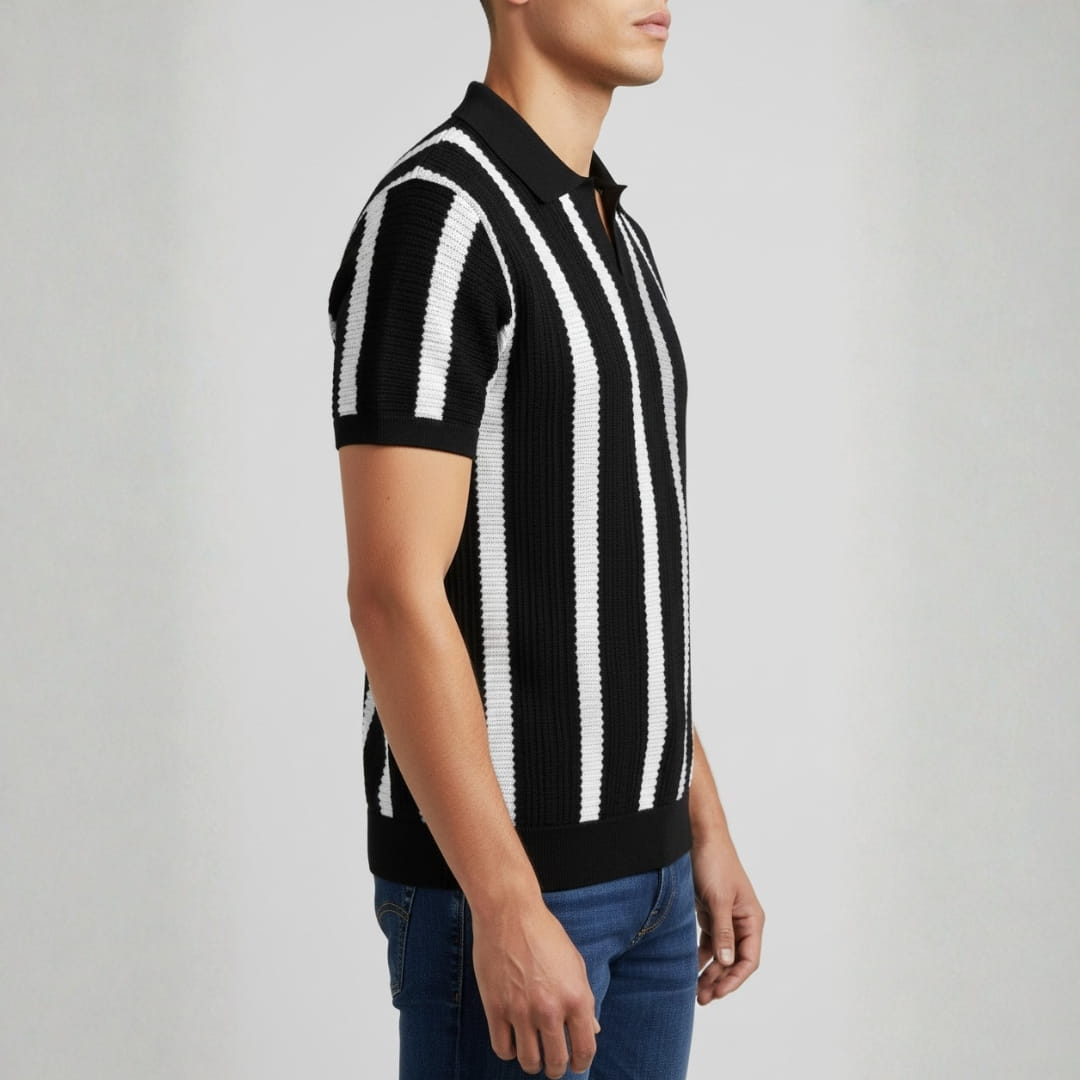 Riccardo Cotton Knit Polo Shirt — Textured Stripe Tailored Casual Top