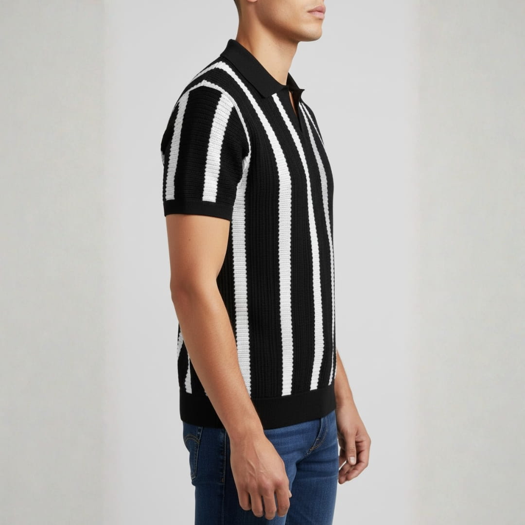 Riccardo Cotton Knit Polo Shirt — Textured Stripe Tailored Casual Top