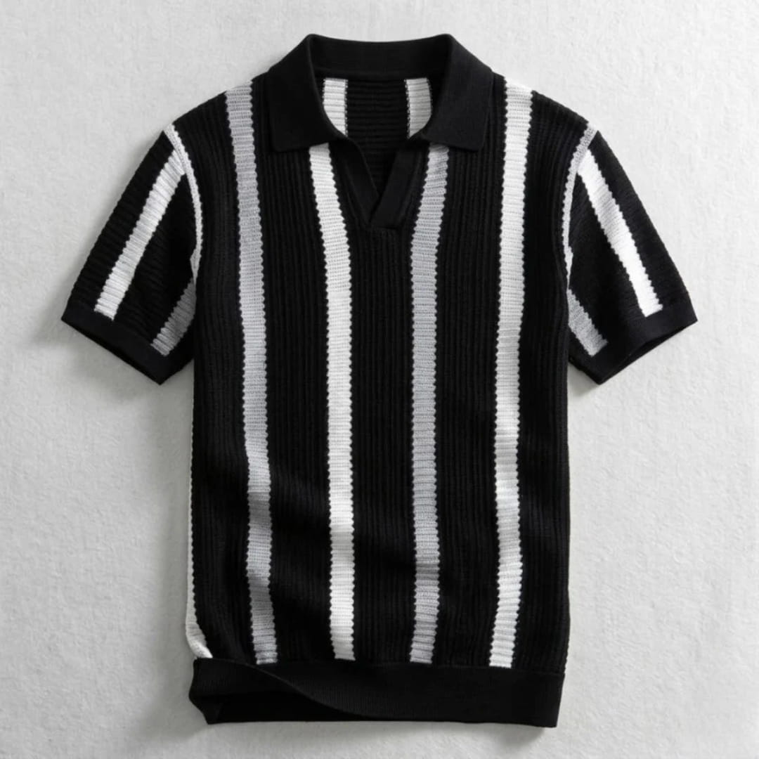Riccardo Cotton Knit Polo Shirt — Textured Stripe Tailored Casual Top