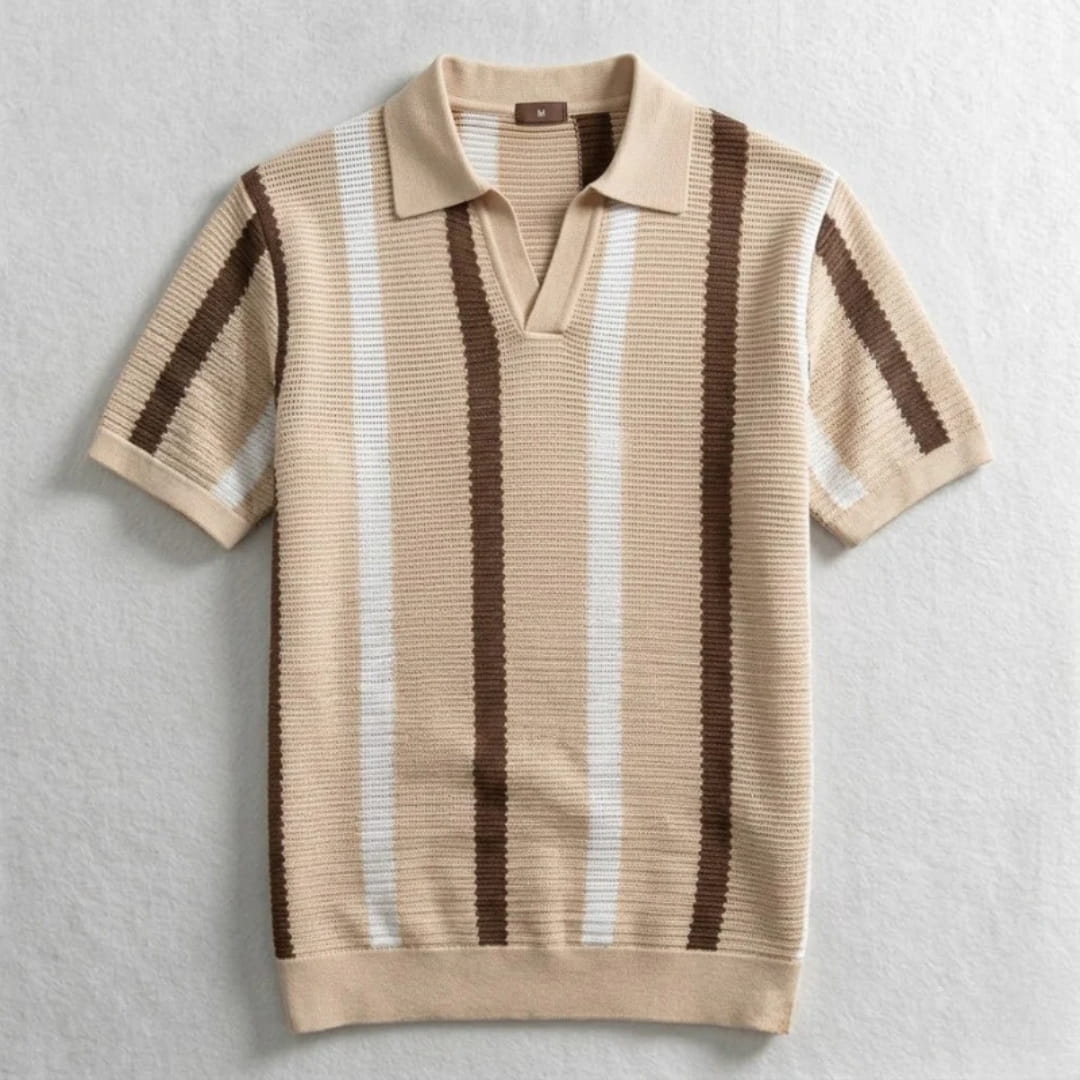 Riccardo Cotton Knit Polo Shirt — Textured Stripe Tailored Casual Top