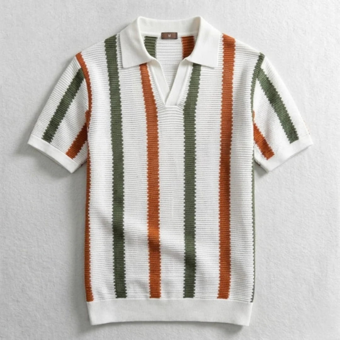 Riccardo Cotton Knit Polo Shirt — Textured Stripe Tailored Casual Top