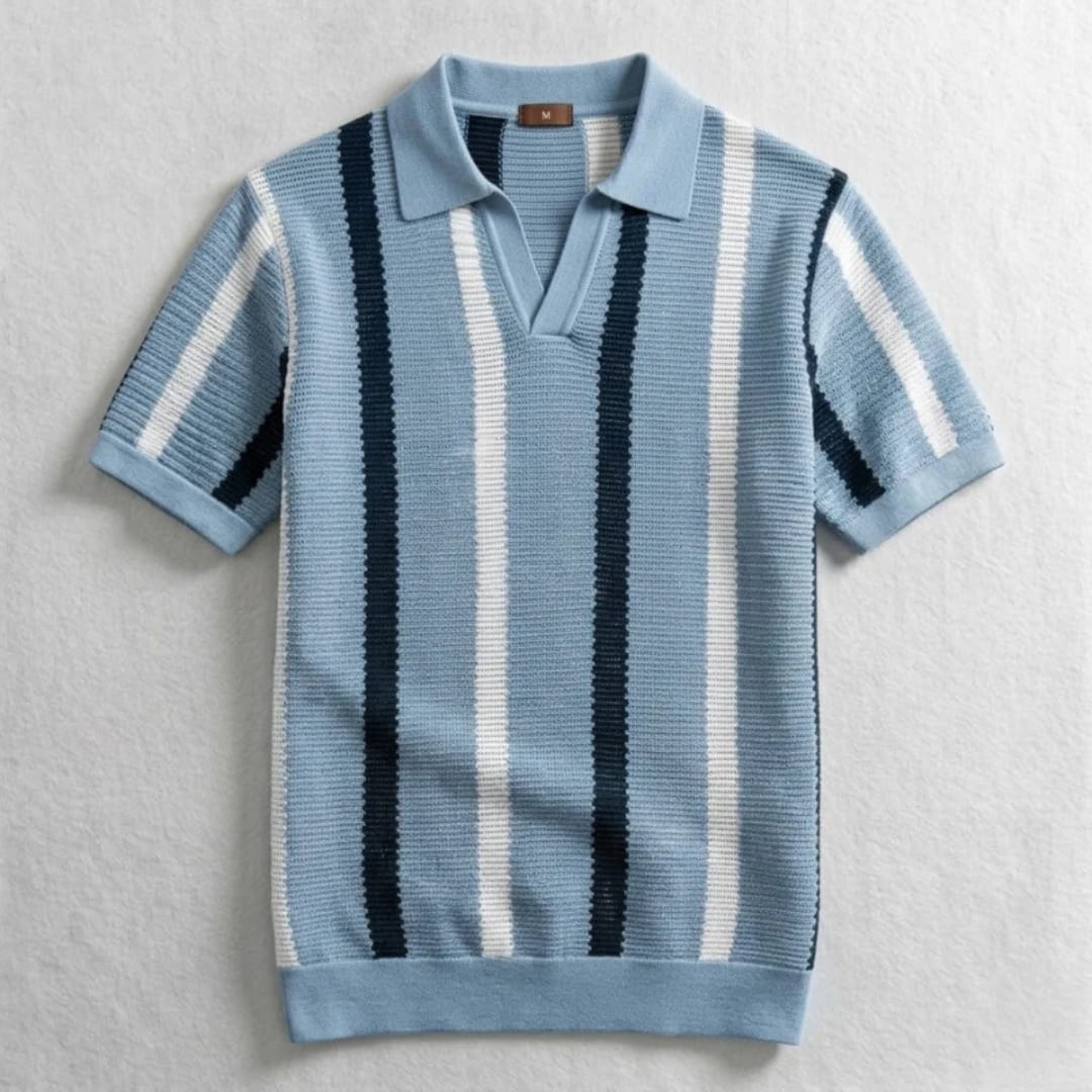Riccardo Cotton Knit Polo Shirt — Textured Stripe Tailored Casual Top