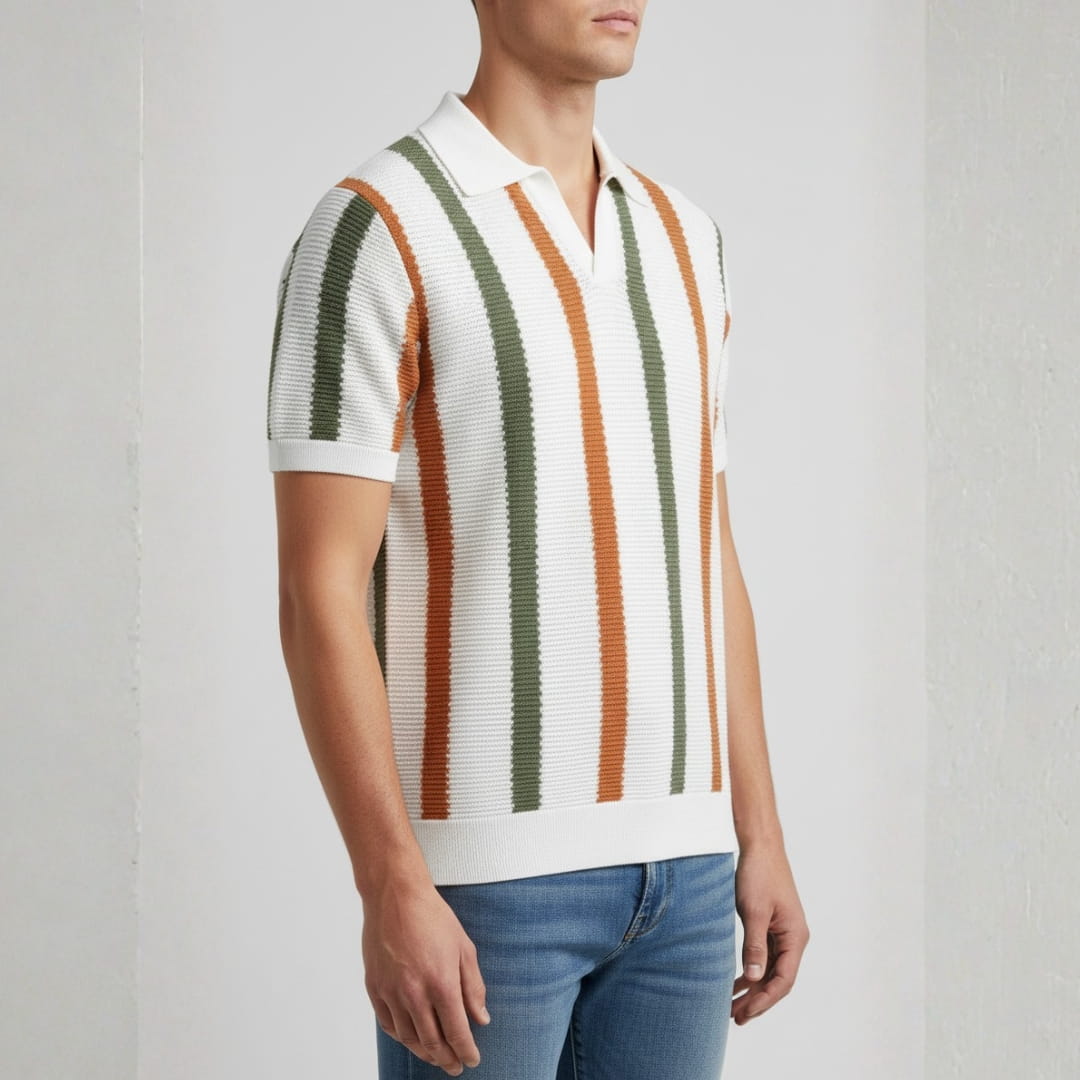 Riccardo Cotton Knit Polo Shirt — Textured Stripe Tailored Casual Top