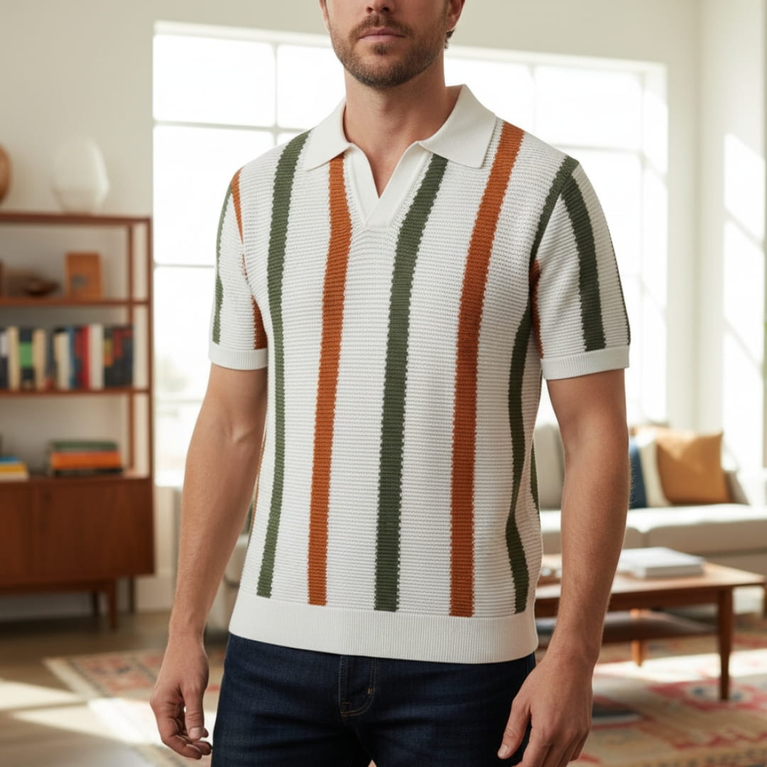 Riccardo Cotton Knit Polo Shirt — Textured Stripe Tailored Casual Top