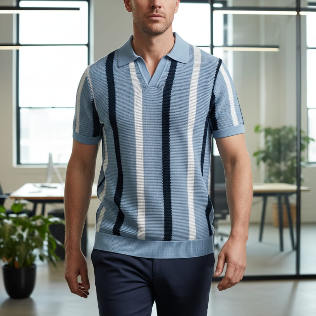 Riccardo Cotton Knit Polo Shirt — Textured Stripe Tailored Casual Top