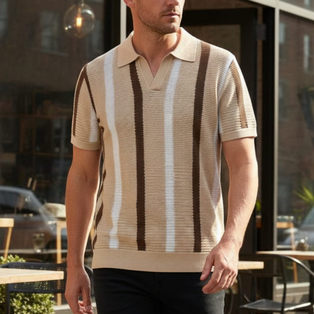 Riccardo Cotton Knit Polo Shirt — Textured Stripe Tailored Casual Top