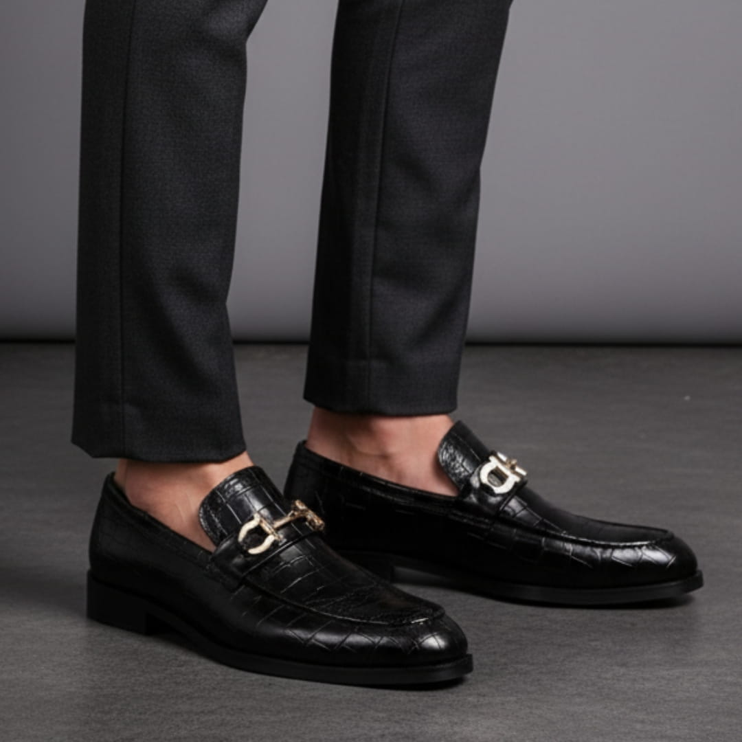 Domenico Genuine Leather Buckle Loafers — Polished Slip-On Casual Dress Shoes