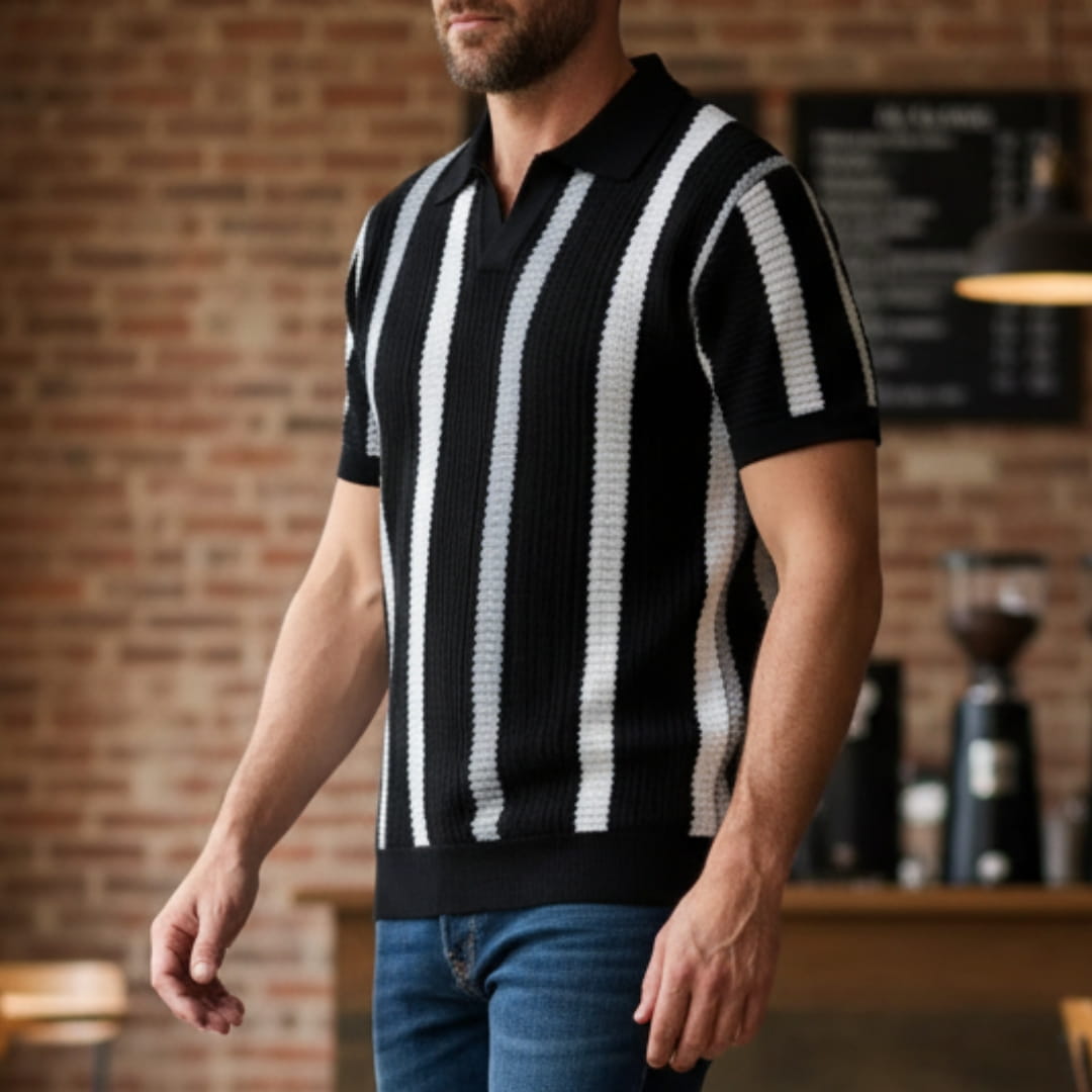 Riccardo Cotton Knit Polo Shirt — Textured Stripe Tailored Casual Top