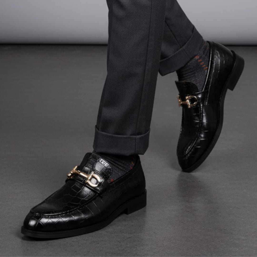 Domenico Genuine Leather Buckle Loafers — Polished Slip-On Casual Dress Shoes