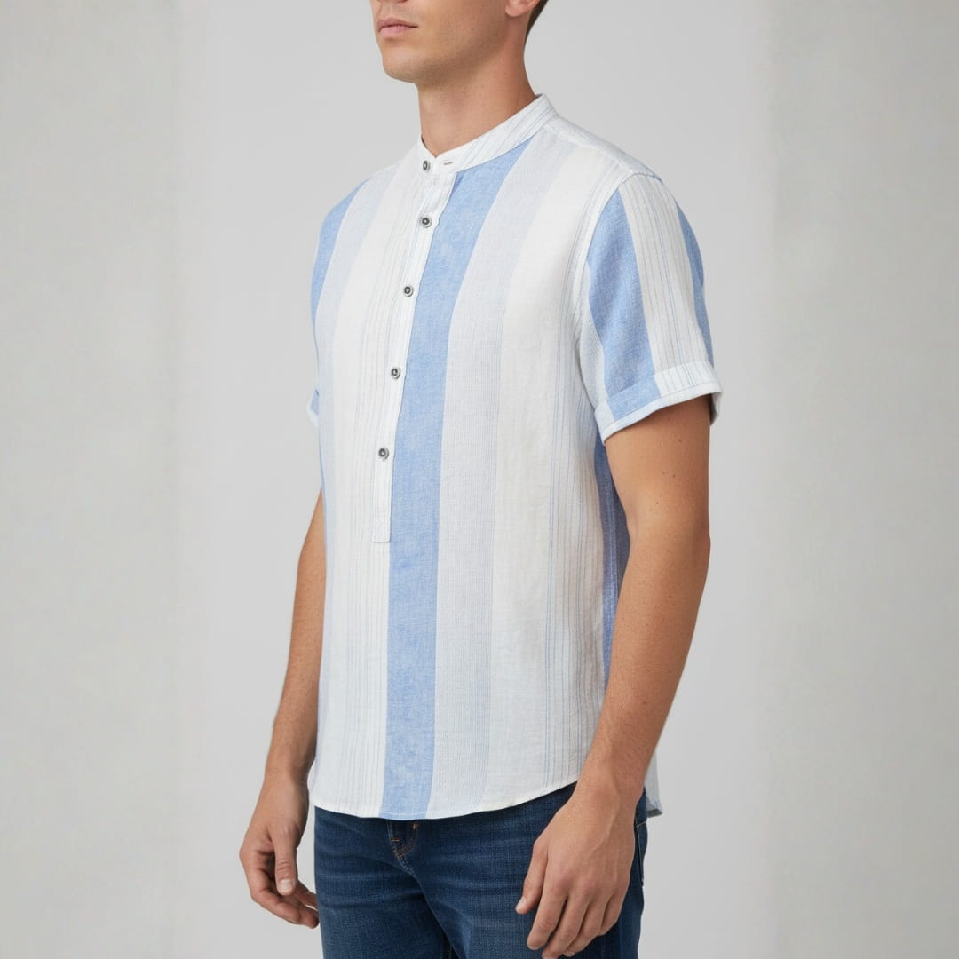 Albert Cotton Linen Henley Shirt — Striped Relaxed Fit Casual Top