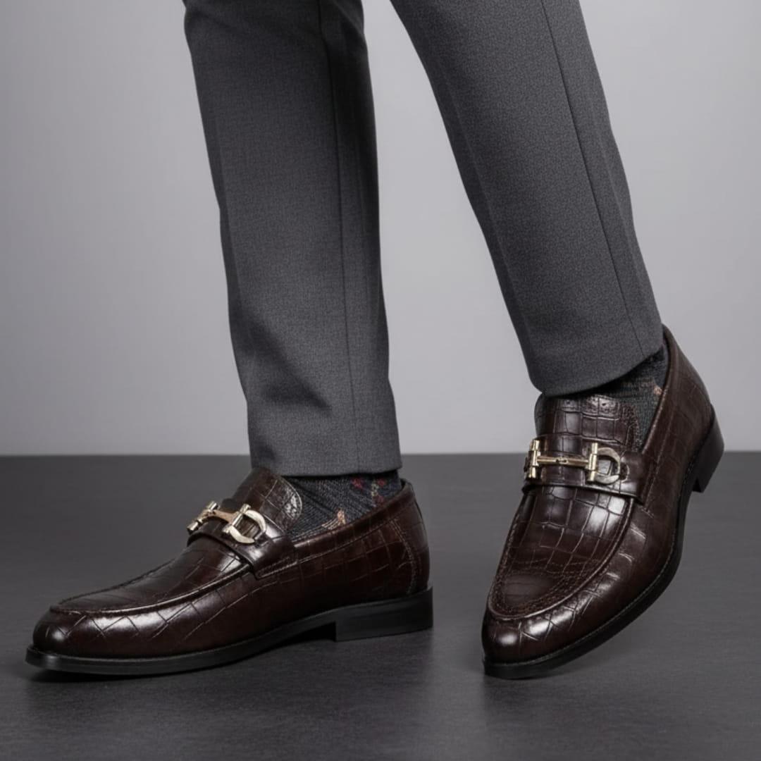 Domenico Genuine Leather Buckle Loafers — Polished Slip-On Casual Dress Shoes