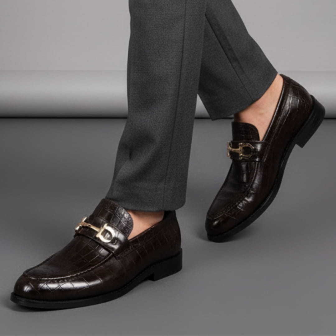 Domenico Genuine Leather Buckle Loafers — Polished Slip-On Casual Dress Shoes